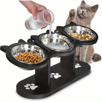 Elevated Cat Bowl Stand with 15° Tilted Stainless Steel Bowls – Adjustable Raised Feeder for Cats & Small Dogs, Anti-Spill Black Wooden Base, Set of 2 or 3 Bowls for Food and Water