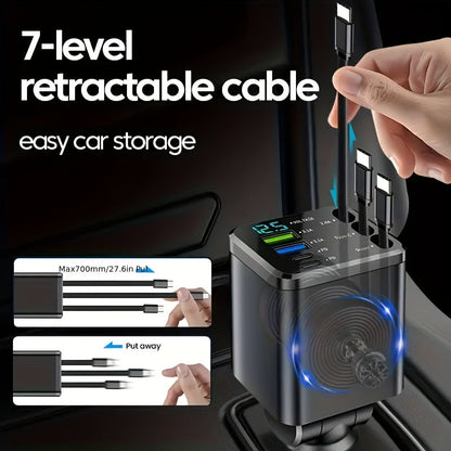 7-in-1 Car Fast Charger with 3 Retractable Cables LED Digital Display 180° Adjustable Universal Plug - Multi-Port Car Phone Charger for iPhone Android USB-C