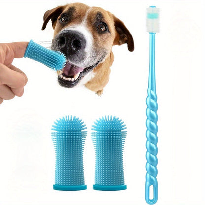 3-Piece Pet Dental Care Silicone Toothbrush Set 360° Finger Brush & Micro-Ciliated Brush for Dogs & Cats Soft Gentle No Battery Required