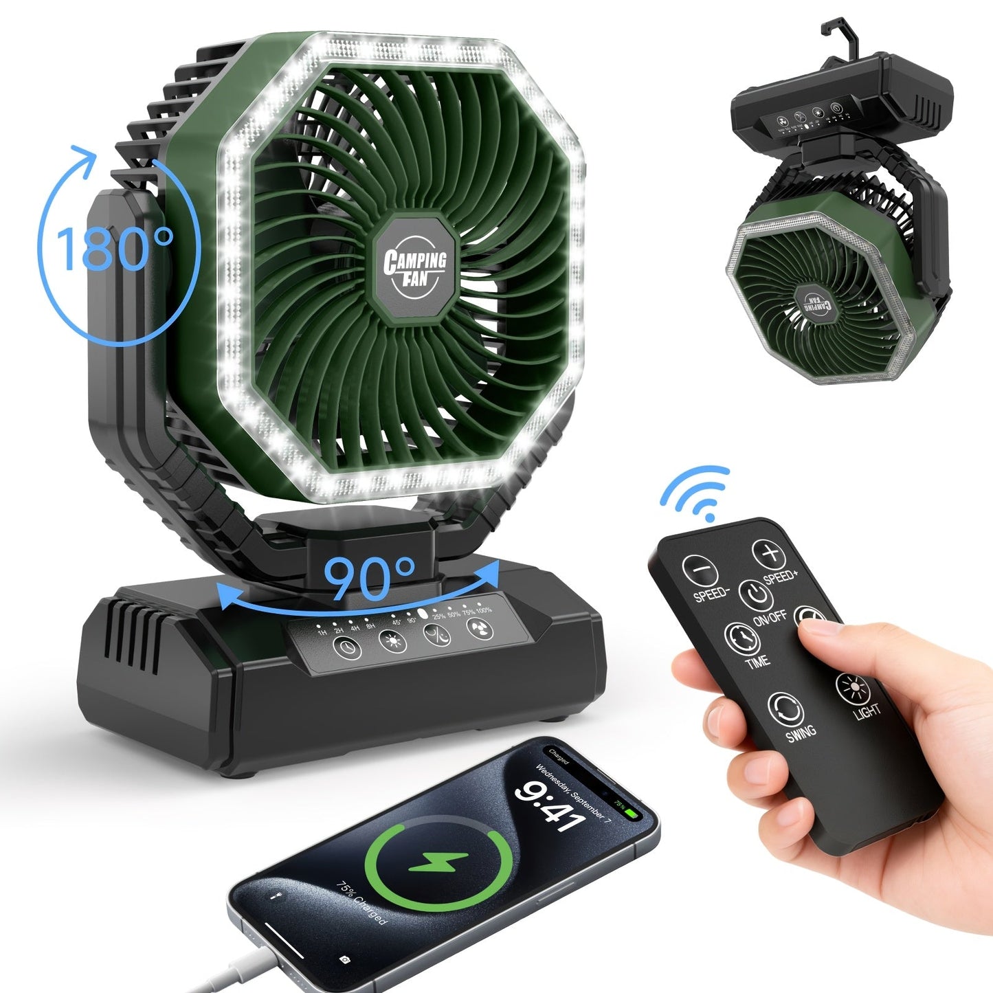 20000mAh Camping Fan with LED Light & Remote Control – 4-Speed Brushless Motor, 180° Oscillating Portable Outdoor Fan, 22-26 Hour Battery Life, 40 LEDs, Timer – for Camping, Hiking, Tent, Emergency & Home Use