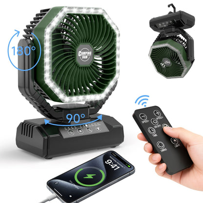 20000mAh Camping Fan with LED Light & Remote Control – 4-Speed Brushless Motor, 180° Oscillating Portable Outdoor Fan, 22-26 Hour Battery Life, 40 LEDs, Timer – for Camping, Hiking, Tent, Emergency & Home Use