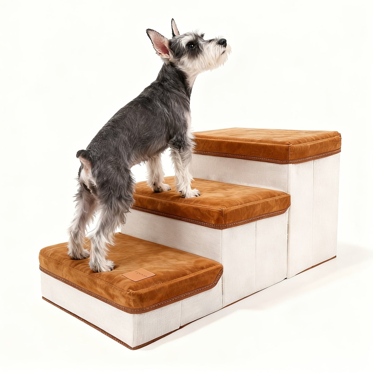 3-Tier Foldable Dog Stairs for Small Dogs – Non-Slip Nylon Pet Ramp for High Beds & Sofas, Compact Foldable Design, Brown & White, Includes Bonus Chicken Leg Plush Toy