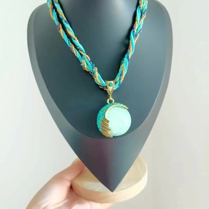 Boho Turquoise Rhinestone Pendant Collar Necklace for Women Vintage Twist Woven Rope Chain Adjustable Statement Jewelry