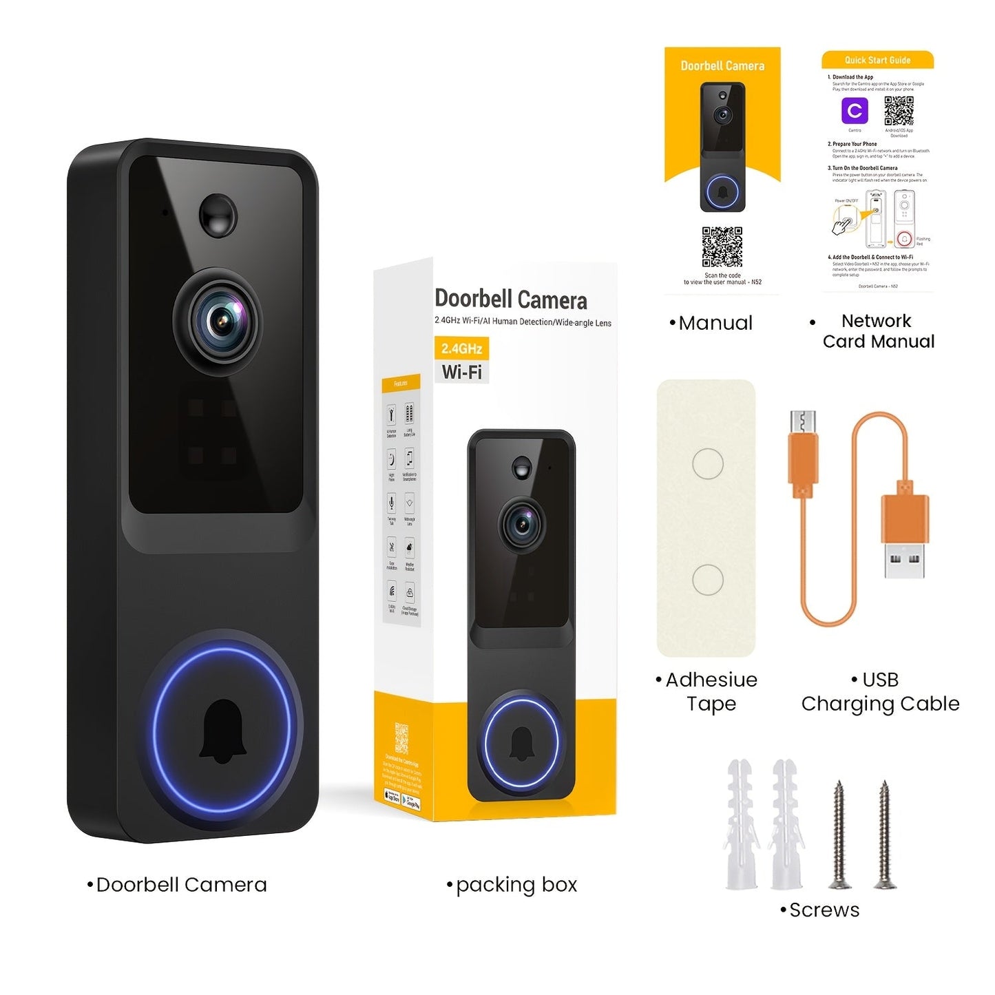 2K Smart Video Doorbell Camera WiFi Wireless 166° Wide Angle AI Human Detection Two-Way Audio Night Vision Cloud Storage Rechargeable Battery – Black & Linen
