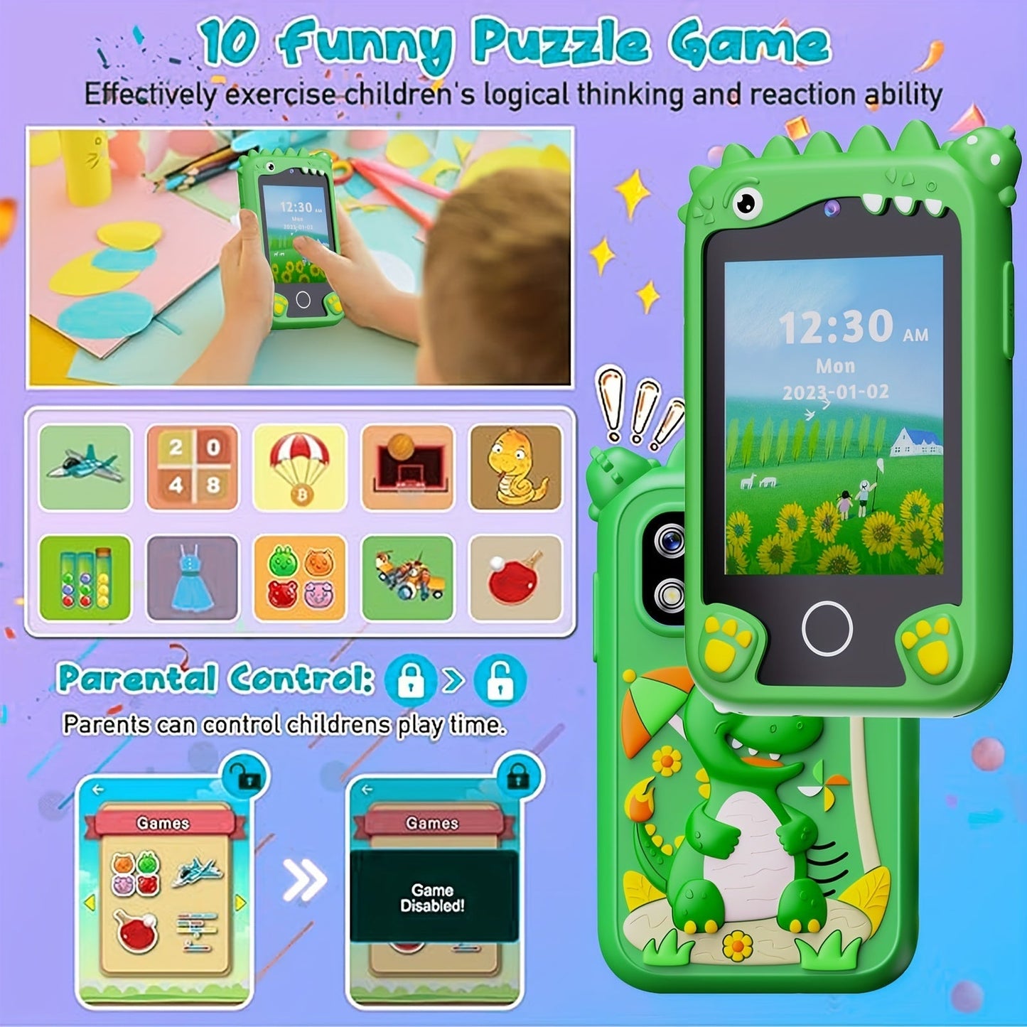 Kids Smart Phone Toy with HD Touchscreen Dual Camera Dinosaur Design 8GB SD Card Included Play Cell Phone for Boys and Girls Ages 3 and Up Travel Toy Birthday Easter Halloween Christmas Gift Green Purple