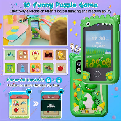 Kids Smart Phone Toy with HD Touchscreen Dual Camera Dinosaur Design 8GB SD Card Included Play Cell Phone for Boys and Girls Ages 3 and Up Travel Toy Birthday Easter Halloween Christmas Gift Green Purple