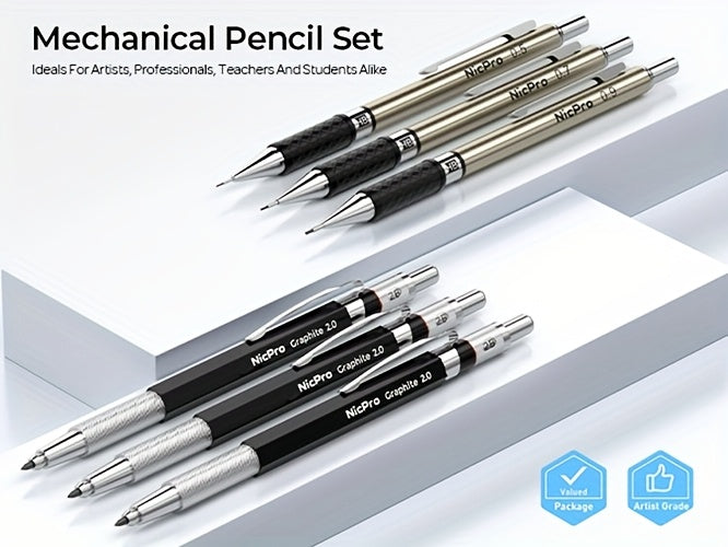 34-Piece Art Mechanical Pencil Set with Case 6 Metal Drafting Pencils 0.5mm 0.7mm 0.9mm 2mm Lead Tips 19 Refill Leads Erasers for Sketching Drawing Artists