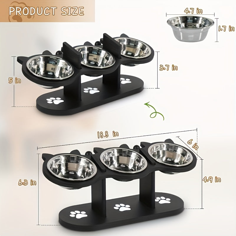 Elevated Cat Bowl Stand with 15° Tilted Stainless Steel Bowls – Adjustable Raised Feeder for Cats & Small Dogs, Anti-Spill Black Wooden Base, Set of 2 or 3 Bowls for Food and Water
