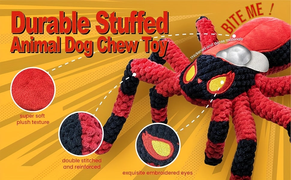 Squeaky Spider Dog Toy for Large Dogs – Interactive Crinkle Tug of War Plush Puppy Toy with Squeaker Head & Crinkle Legs, Keeps Dogs Busy for Hours, No Battery Needed, Blue & Red Spider