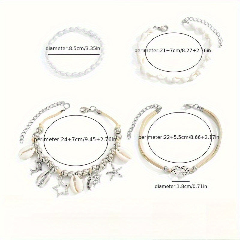 4 Pcs Ocean Anklet Set – 925 Silver Plated Pearl Shell Starfish Pendant Anklets for Women, Boho Beach Vacation & Party Jewelry, Layered Ankle Bracelet Gift Set
