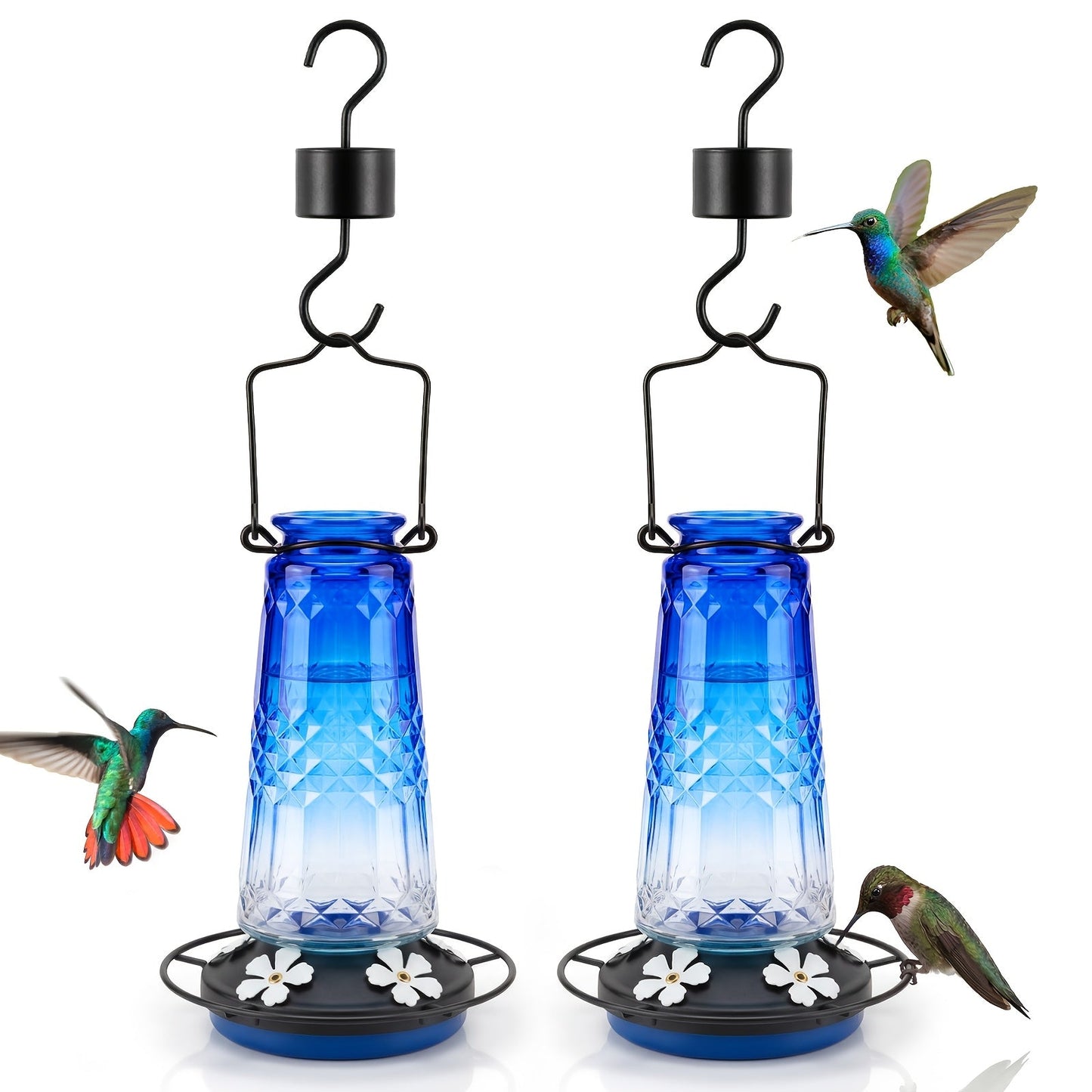 Glass Hummingbird Feeder for Outdoors Hanging – 24 Oz Nectar Feeder with 6 Feeding Ports, Ant Moat & Leak-Proof Design, 1 or 2 Pack, Red, Blue & Purple, Garden Patio Gift for Bird Lovers