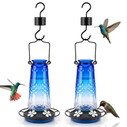 Glass Hummingbird Feeder for Outdoors Hanging – 24 Oz Nectar Feeder with 6 Feeding Ports, Ant Moat & Leak-Proof Design, 1 or 2 Pack, Red, Blue & Purple, Garden Patio Gift for Bird Lovers