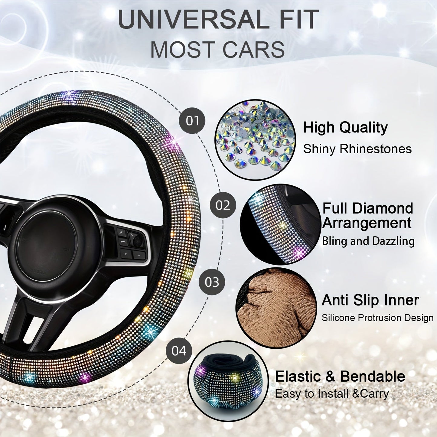 8pc Rhinestone Bling Car Accessories Set for Women – Steering Wheel Cover, Coasters, Seatbelt Pads, Starter Rings & Shift Knob Cover, 7 Colors, Sparkly Glitter Interior Kit