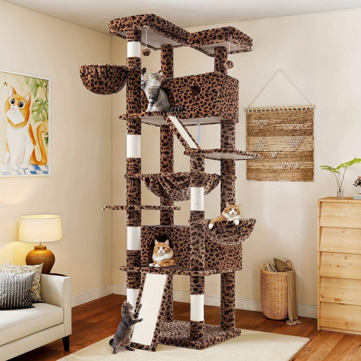 WEEWAY Corner Cat Tree Tower for Indoor Cats 36–81 Inch – Multi-Level Cat Furniture with Sisal Scratching Posts, Condo Cave, Hammock, Ramps, Plush Perches, Basket & Pompom Toys, Perfect Cat Gift
