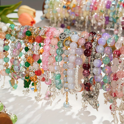 30pcs Glass Bead Bracelets Set for Women Stackable Stretch Bracelets with Butterfly Floral Charms Heart Star Pendants Multicolor - Boho Jewelry Gift Set for Valentine's Day Birthday Anniversary