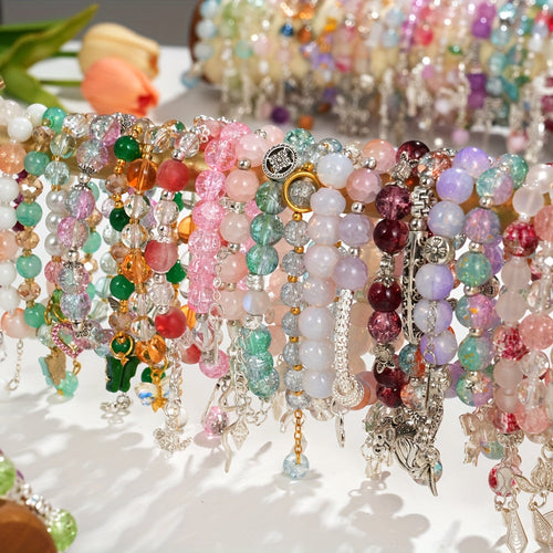 30pcs Glass Bead Bracelets Set for Women Stackable Stretch Bracelets with Butterfly Floral Charms Heart Star Pendants Multicolor - Boho Jewelry Gift Set for Valentine's Day Birthday Anniversary