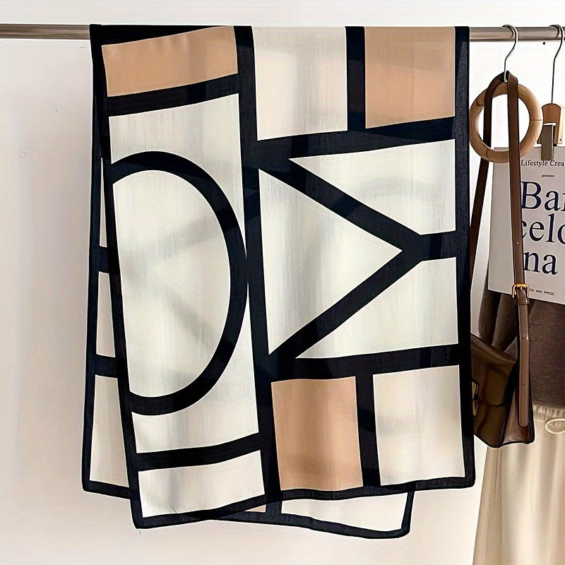 Women's Color Block Viscose Scarf & Shawl – Soft Breathable Geometric Print Windproof Sun Protection Wrap for Casual Outings Travel, Lightweight Hand-Wash Easy Care, Beige Khaki Orange