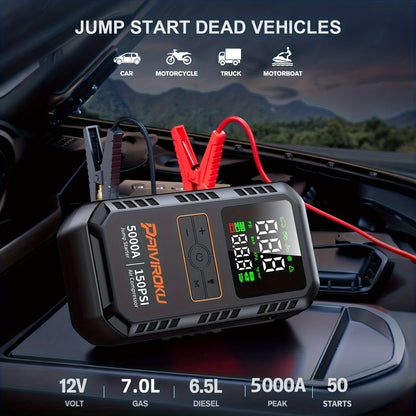 7-in-1 Portable Jump Starter with Air Compressor 150PSI – 5000A Peak Car Battery Booster, Tire Inflator, QC3.0 Power Bank, LED SOS Light for Gas & Diesel Vehicles