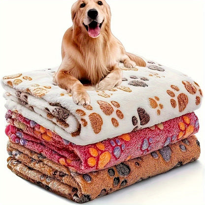 Fleece Pet Blanket 3-Pack for Dogs Cats & Puppies – Super Soft Fluffy Tear-Resistant Flannel Throw, Paw Print Brown Pink White, Machine Washable, Includes Free Pet Drying Towel
