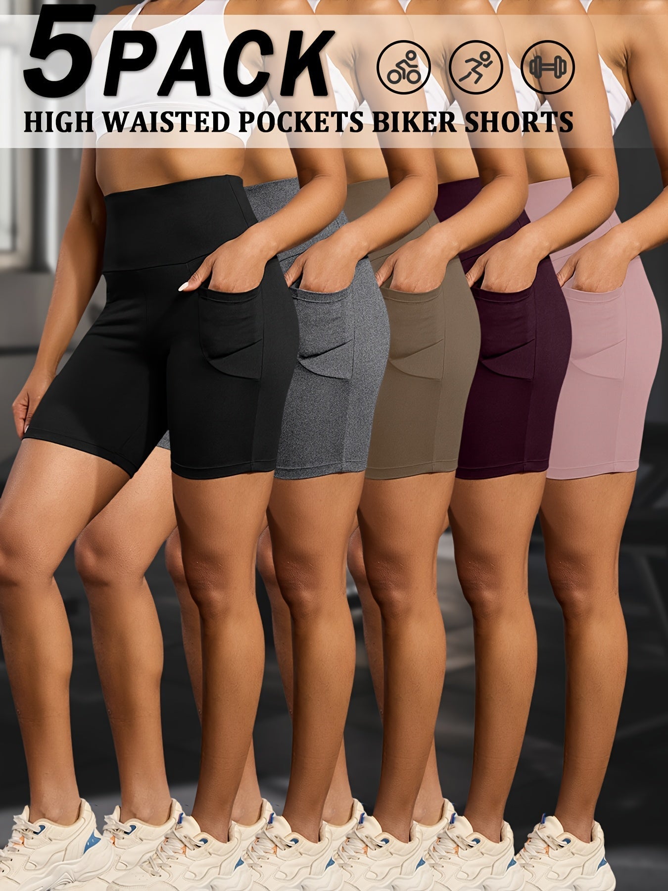 Women's High Waisted Biker Shorts 5 Pack with Pockets – Tummy Control No See-Through Workout Shorts, 6" Inseam, Super Soft High-Elasticity Athletic Shorts for Running, Yoga, Gym & Summer Training