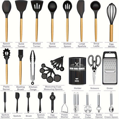 34-Piece Silicone Kitchen Utensils Set with Holder Wooden Handles | Heat Resistant Nonstick Safe Cooking Tools | Spatula Spoon Ladle Tongs Whisk | Khaki Black Gray | Father's Day Housewarming Gift