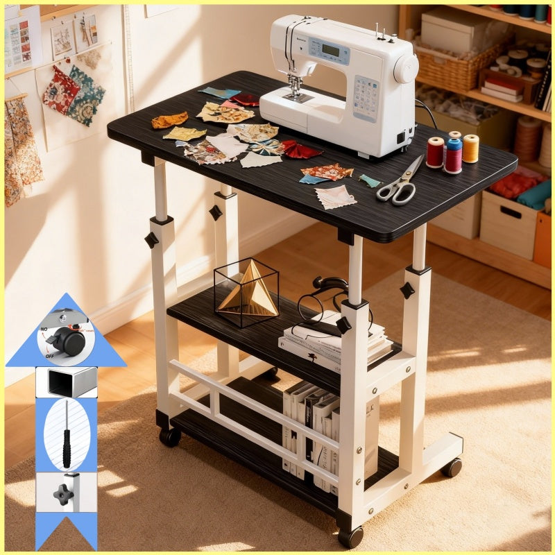 Mobile Craft Table with Adjustable Height & 4 Silent 360° Wheels - Rolling Storage Organizer with Double Shelves for Sewing, Knitting & Crafts, Bedroom & Living Room Use, Available in Black & White