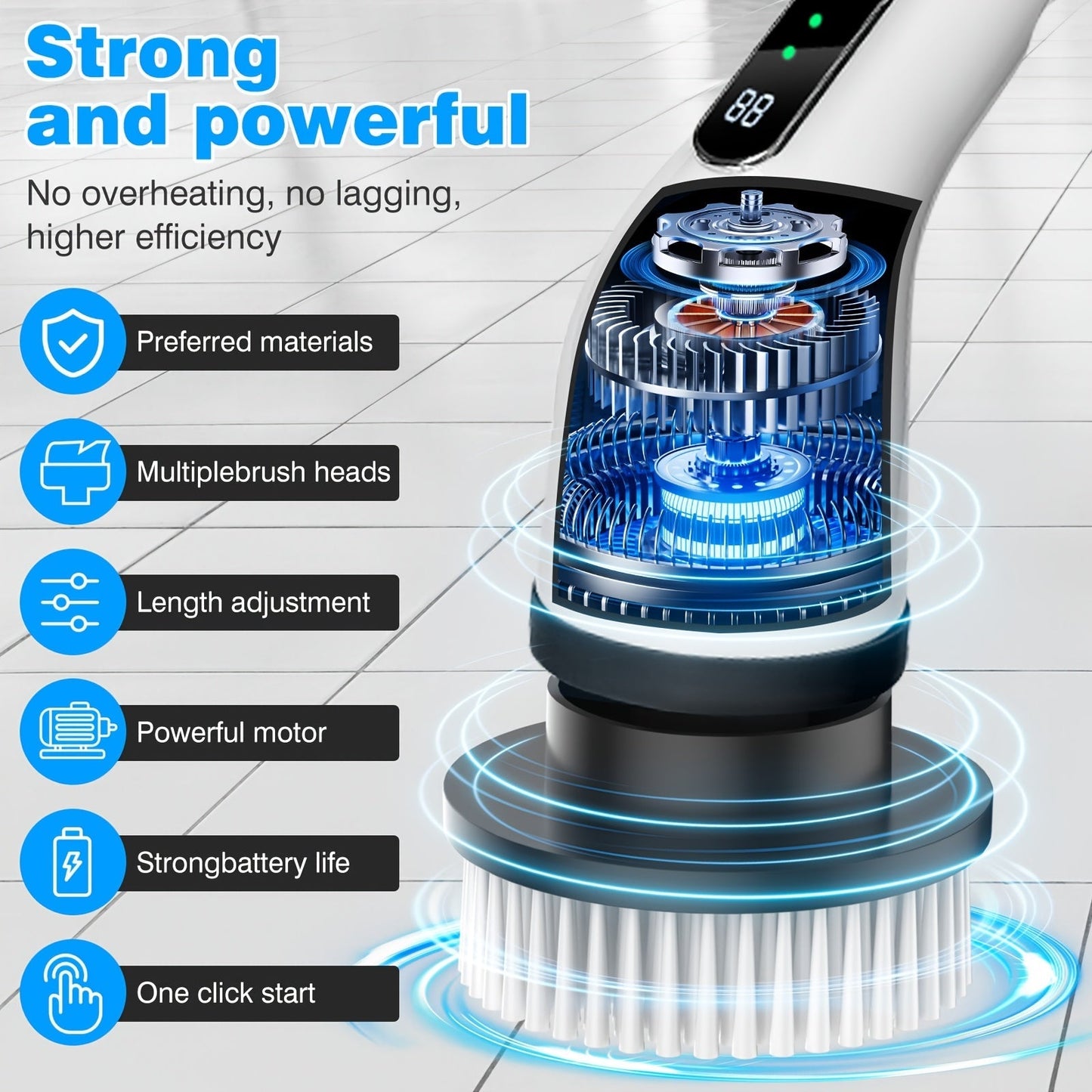 Electric Spin Scrubber with 7 Replaceable Brush Heads – Cordless, Dual Adjustable Speeds, Adjustable Detachable Handle, for Bathroom, Tub, Tile & Floor Cleaning