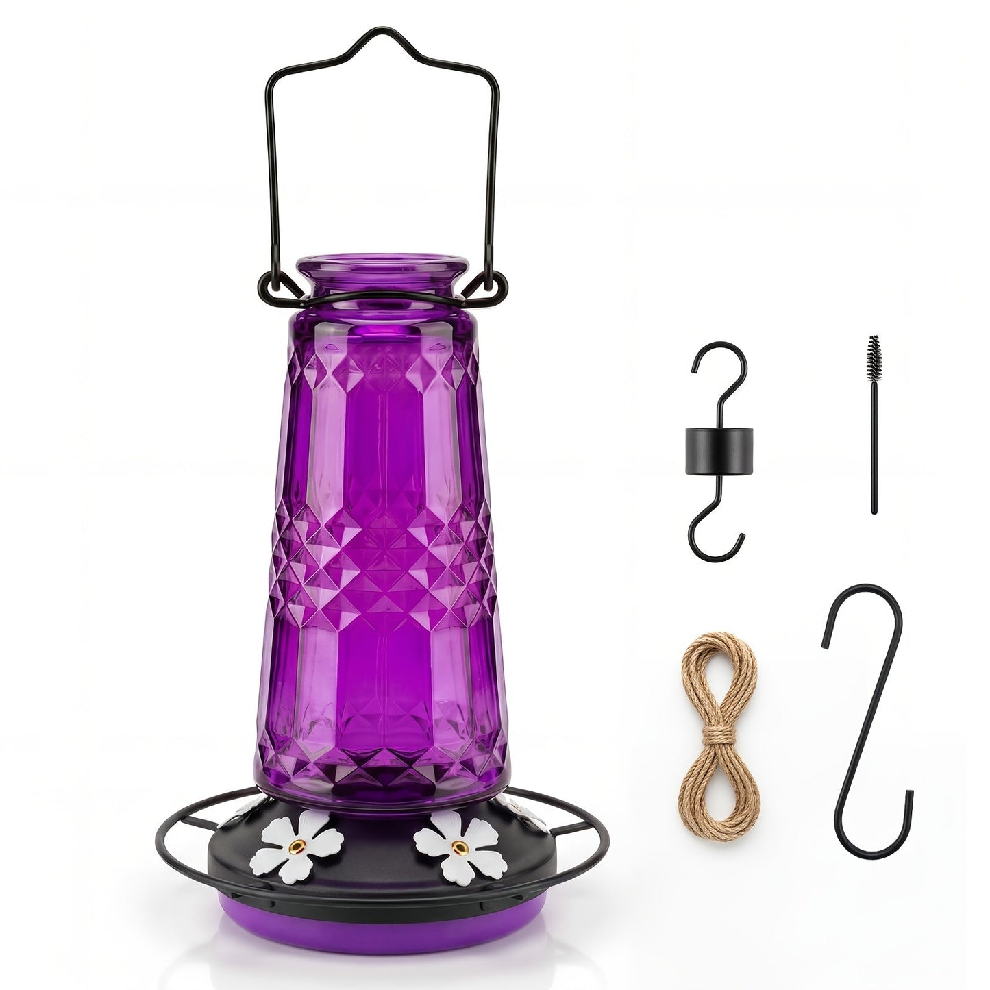 Glass Hummingbird Feeder for Outdoors Hanging – 24 Oz Nectar Feeder with 6 Feeding Ports, Ant Moat & Leak-Proof Design, 1 or 2 Pack, Red, Blue & Purple, Garden Patio Gift for Bird Lovers