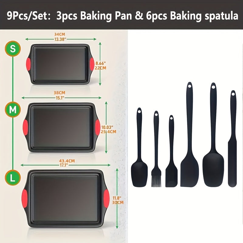 Carbon Steel Nonstick Baking Pan Set 3/9 Pcs – Commercial Grade Oven Safe Bakeware with Red Silicone Handles, Non-stick Inside & Outside, Restaurant Quality Kitchen Cookware for Home Baking