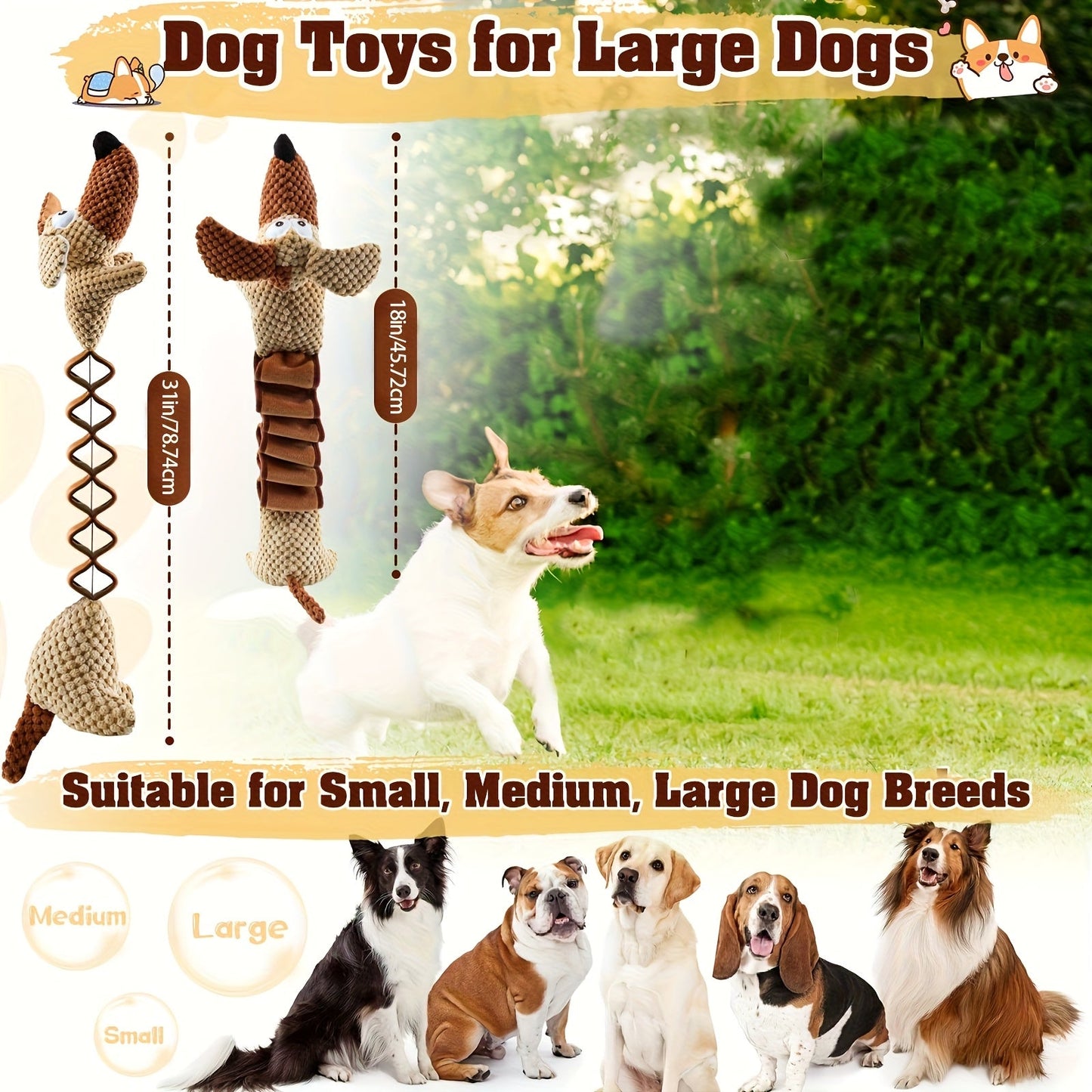 Large Squeaky Crinkle Dog Toy – Extendable 15.7" to 19.7" Plush Pull & Tug Bite Toy with Crinkled Paper Filling for Small Medium Large Dogs, Interactive Fetch & Chew Toy, No Battery Needed