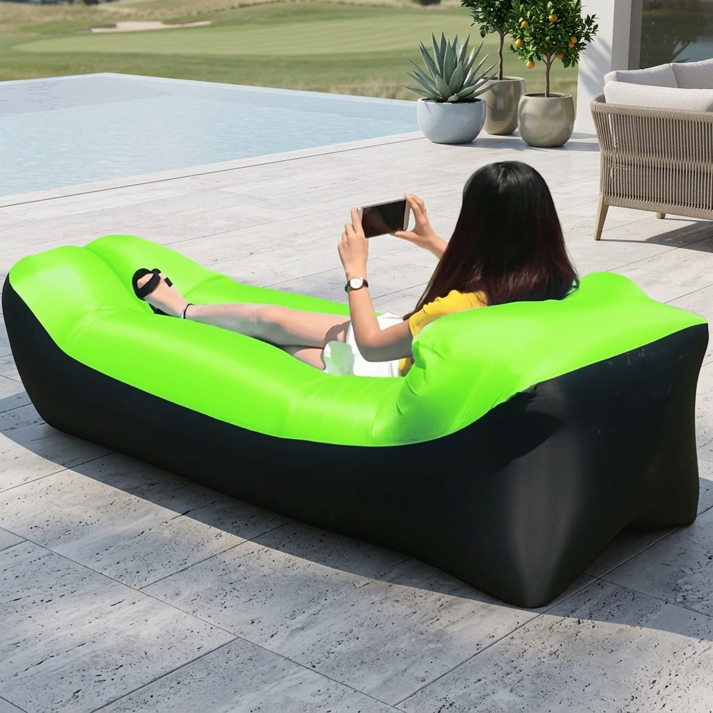 Portable Inflatable Sofa & Recliner Chair for Outdoor Use – Heavy-Duty Bed-Like Lounger, Quick Inflation & Deflation, Lightweight & Compact for Camping, Beach, Backyard & Travel, No Pump Needed