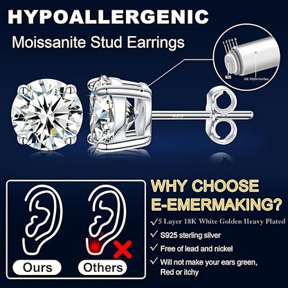 Lab Moissanite Stud Earrings D Color VVS1 Clarity – Brilliant Round Cut 18K Gold Plated 925 Sterling Silver, 1CT 2CT 4CT 6CT, Jewelry Box Included, Gift for Women Girls