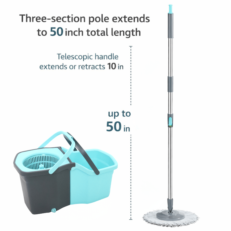 360° Spin Mop and Bucket Set with Wringer – Microfiber Mop Refills, Stainless Steel Extended Handle, Separate Compartment, Floor Cleaning System