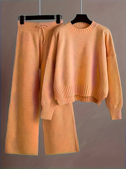 Women's Loose Knit Two-Piece Set – Round Neck Drop Shoulder Sweater & High Waist Wide Leg Drawstring Pants, Retro Casual Cozy Outfit, 10 Colors, Sizes S-XXL