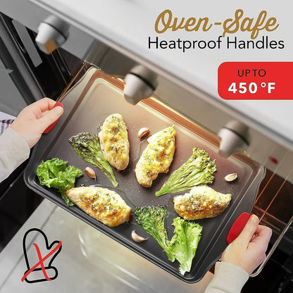 Carbon Steel Non-Stick Baking Pan Set 3-Piece – Commercial Restaurant Grade Oven Safe Bakeware with Red Silicone Handle Double-Sided Coating Sheet Pan Cookie Tray Roasting Pan