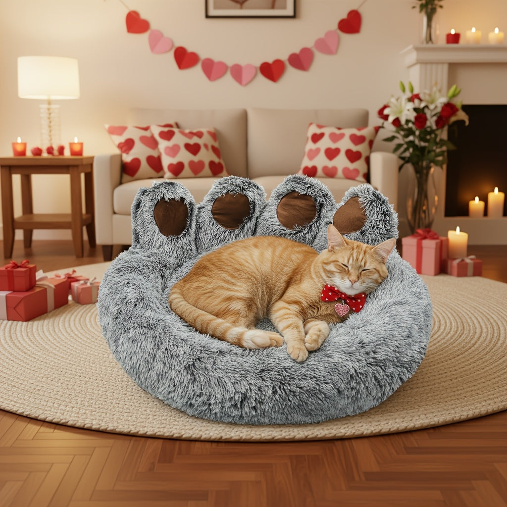 Bear Paw Shaped Donut Dog Bed & Cat Bed – Calming Warm Soft Plush Round Pet Mattress with Bonus Pet Scarf S M L XL 2XL Coffee Pink Grey Brown for Small Medium Large Dogs Cats