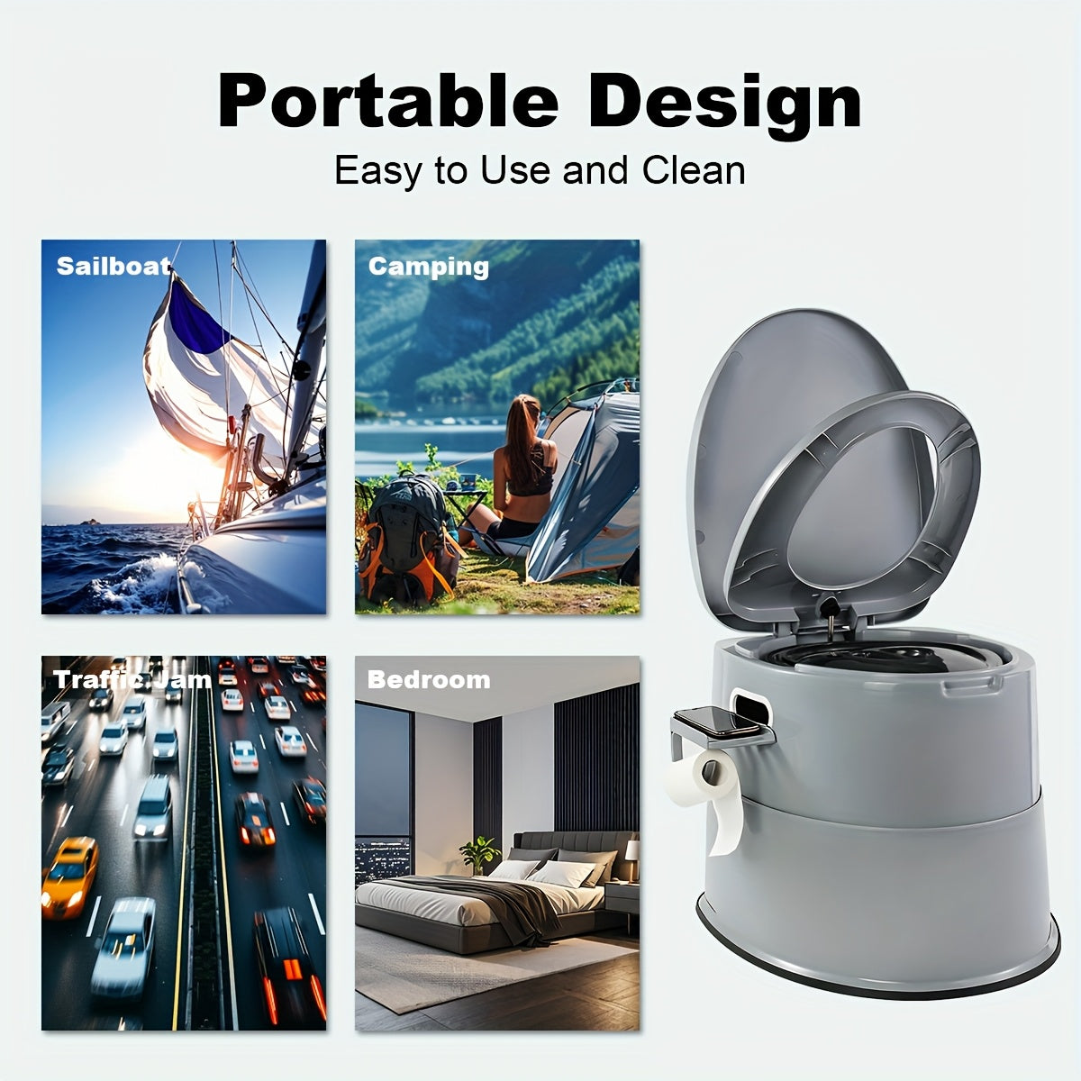 Portable Toilet for Adults Extra Large Indoor Outdoor Camping Commode with Detachable Inner Bucket & Removable Paper Holder – Lightweight Compact for Camping, RV, Boat, Van & Emergency Use (Gray/Black)
