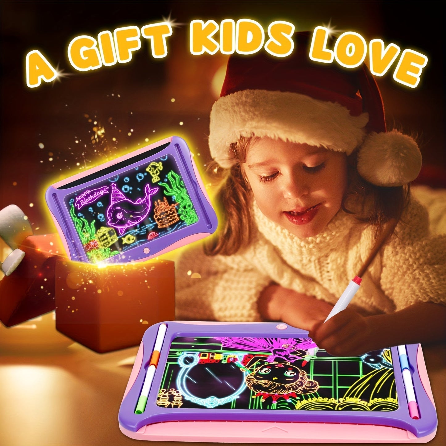 LED Light-Up Drawing Doodle Board for Kids Ages 3-8 – Glow Writing Art Set with 9 Double-Sided Cards & 6 Markers, Educational Learning Travel Toy, Birthday & Christmas Gift for Girls Boys
