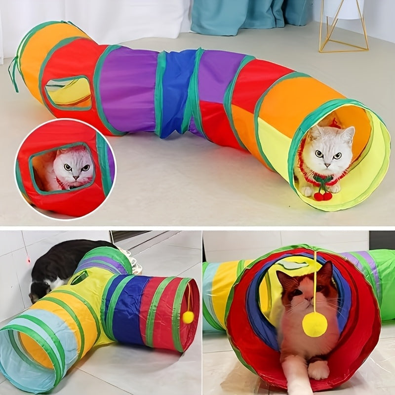 Collapsible Cat Tunnel with Ball & Peek Holes – 3-Way S-Shaped Foldable & Connectable Rainbow Tube Toy for Indoor Cats & Kittens, Customizable Play Layout