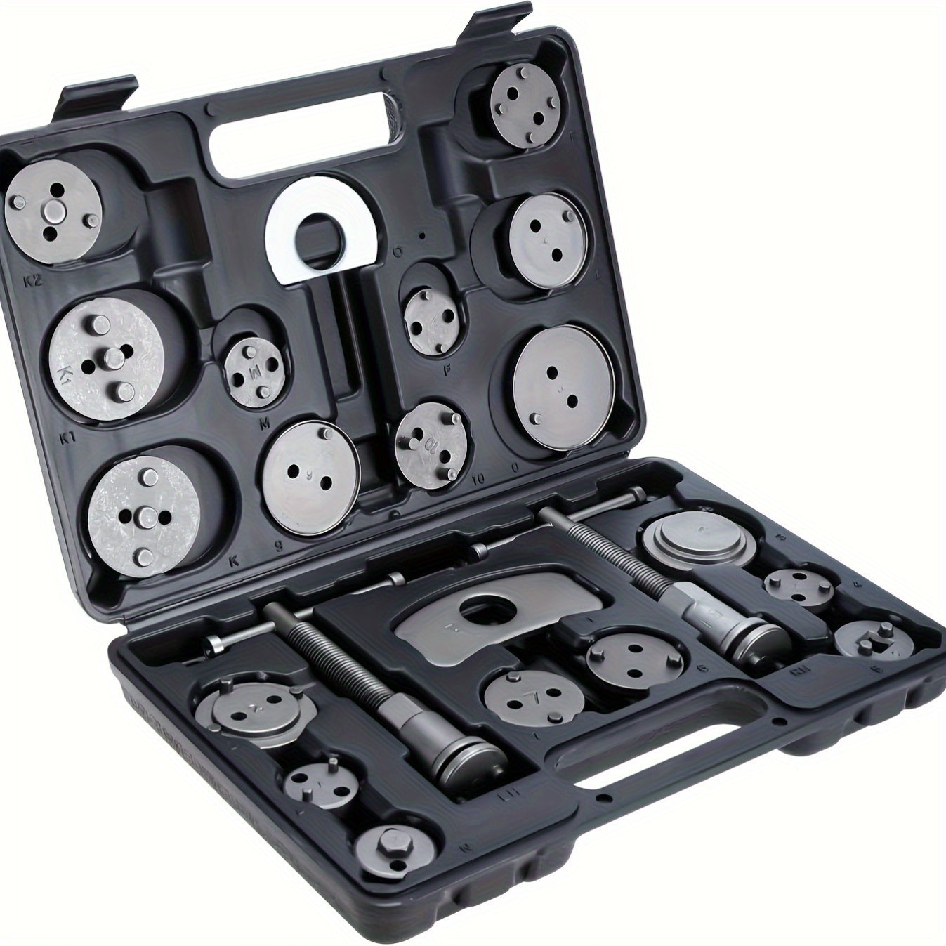 26-Piece Brake Caliper Wind Back Tool Kit with 18 Disc Adapters Thrust Bolt Assemblies Retaining Plates & Caliper Hangers – Universal Brake Caliper Compression Tool Set for Cars Trucks SUVs