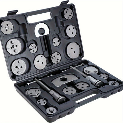 26-Piece Brake Caliper Wind Back Tool Kit with 18 Disc Adapters Thrust Bolt Assemblies Retaining Plates & Caliper Hangers – Universal Brake Caliper Compression Tool Set for Cars Trucks SUVs