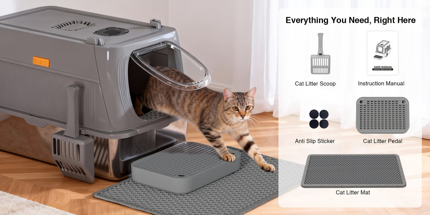 Oversized Enclosed Stainless Steel Cat Litter Box with Lid, Collapsible Anti-Splash Covered Indoor Cat Toilet with Front Flap Door & Superior Odor Control