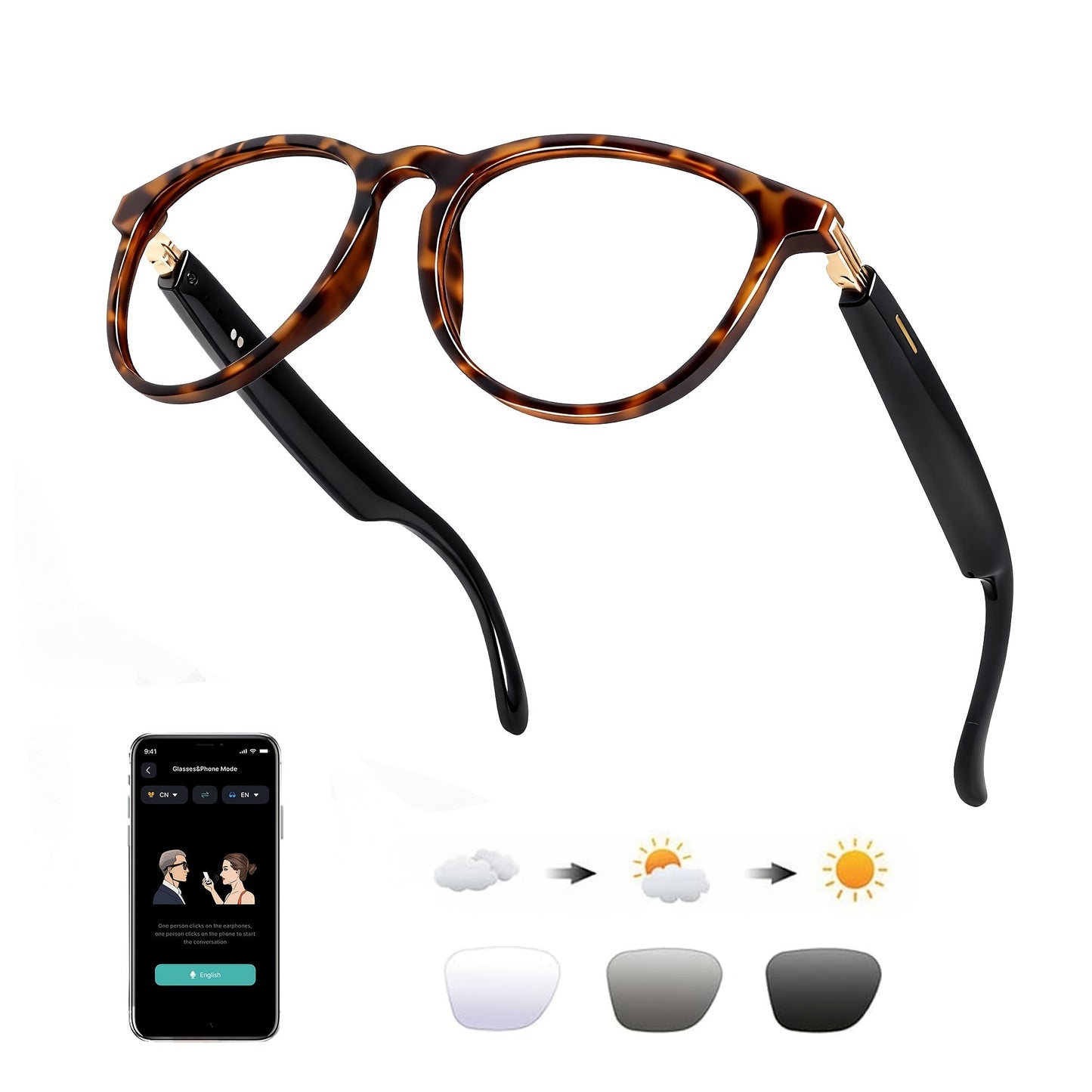 AI Smart Glasses Real-Time Translation 160+ Languages ChatGPT System Bluetooth 5.3 Built-in Mic Speaker – HD Voice Calls HiFi Music Smart Audio Glasses Unisex Men Women