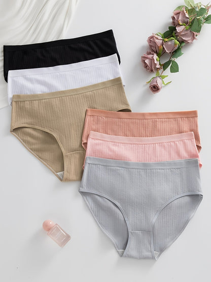 6-Pack Ribbed Thong Panties Women Soft Breathable Mid-Waist | Rib-Knit Triangle Underwear Solid Colors | Maternity-Friendly Everyday Panties Set | S to 5XL Mixed Colors