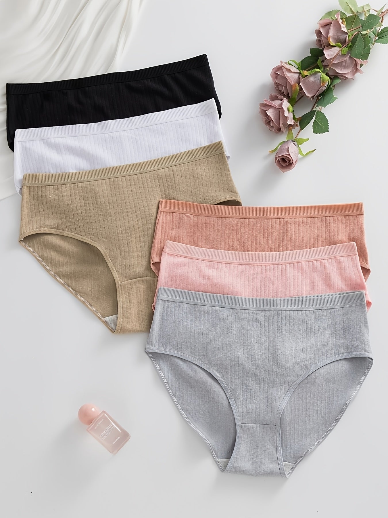 6-Pack Ribbed Thong Panties Women Soft Breathable Mid-Waist | Rib-Knit Triangle Underwear Solid Colors | Maternity-Friendly Everyday Panties Set | S to 5XL Mixed Colors