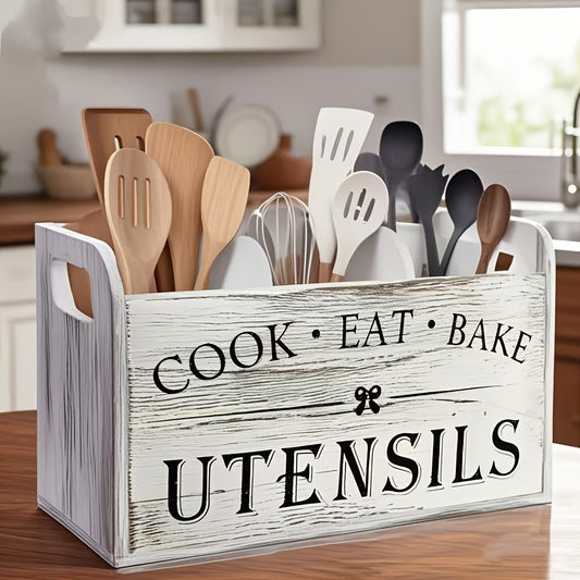 Extra Large Rustic Wooden Utensil Organizer 3-Compartment – Countertop & Wall-Mounted Kitchen Caddy for Cooking & Baking Tools, Heavy-Duty Natural Wood Kitchen Storage Rack