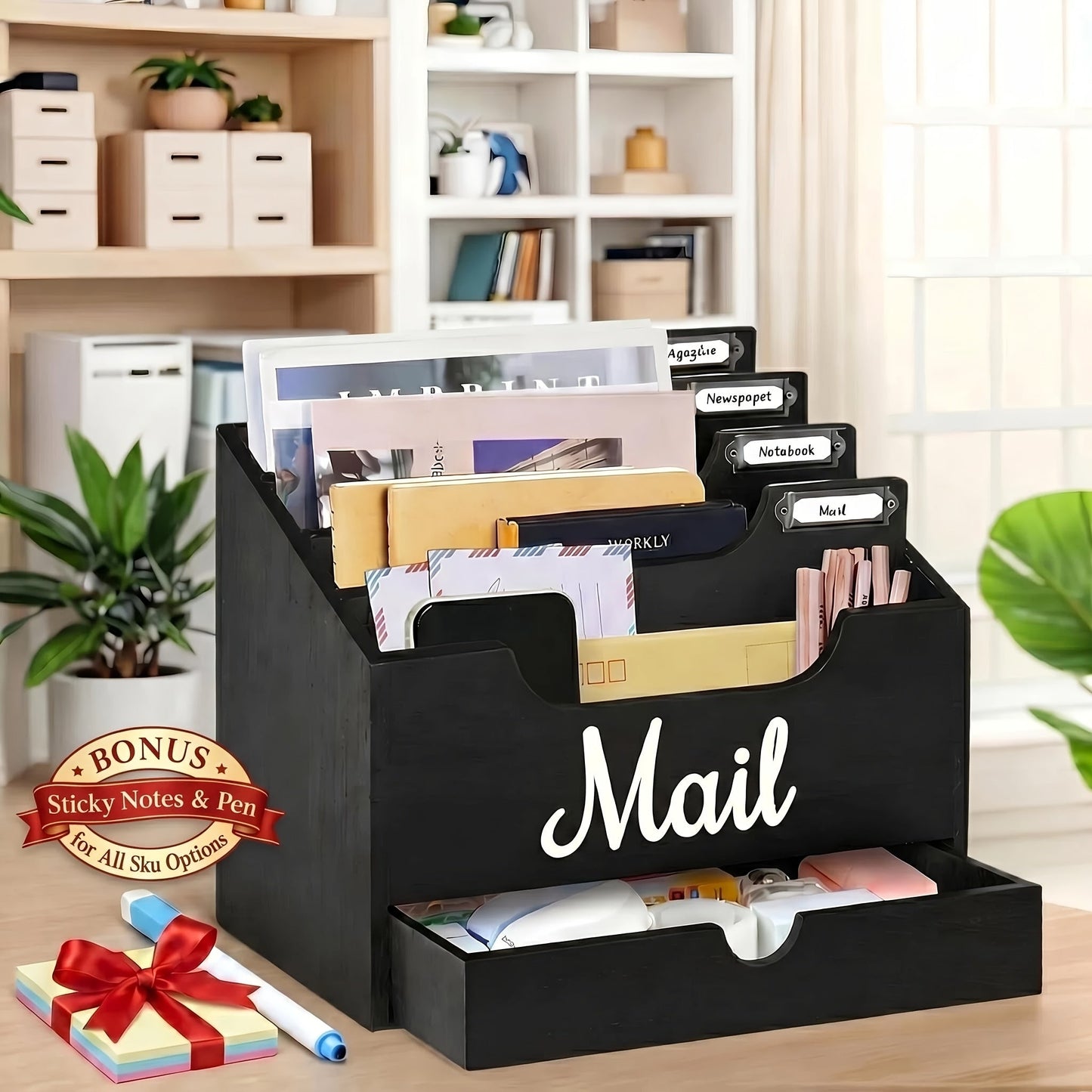 Large Solid Wood Desktop Mail Organizer with Drawer and 4 Compartments Labelable Dividers for Files Letters Paper Folders Desk Organizer for Home Office Students and Professionals