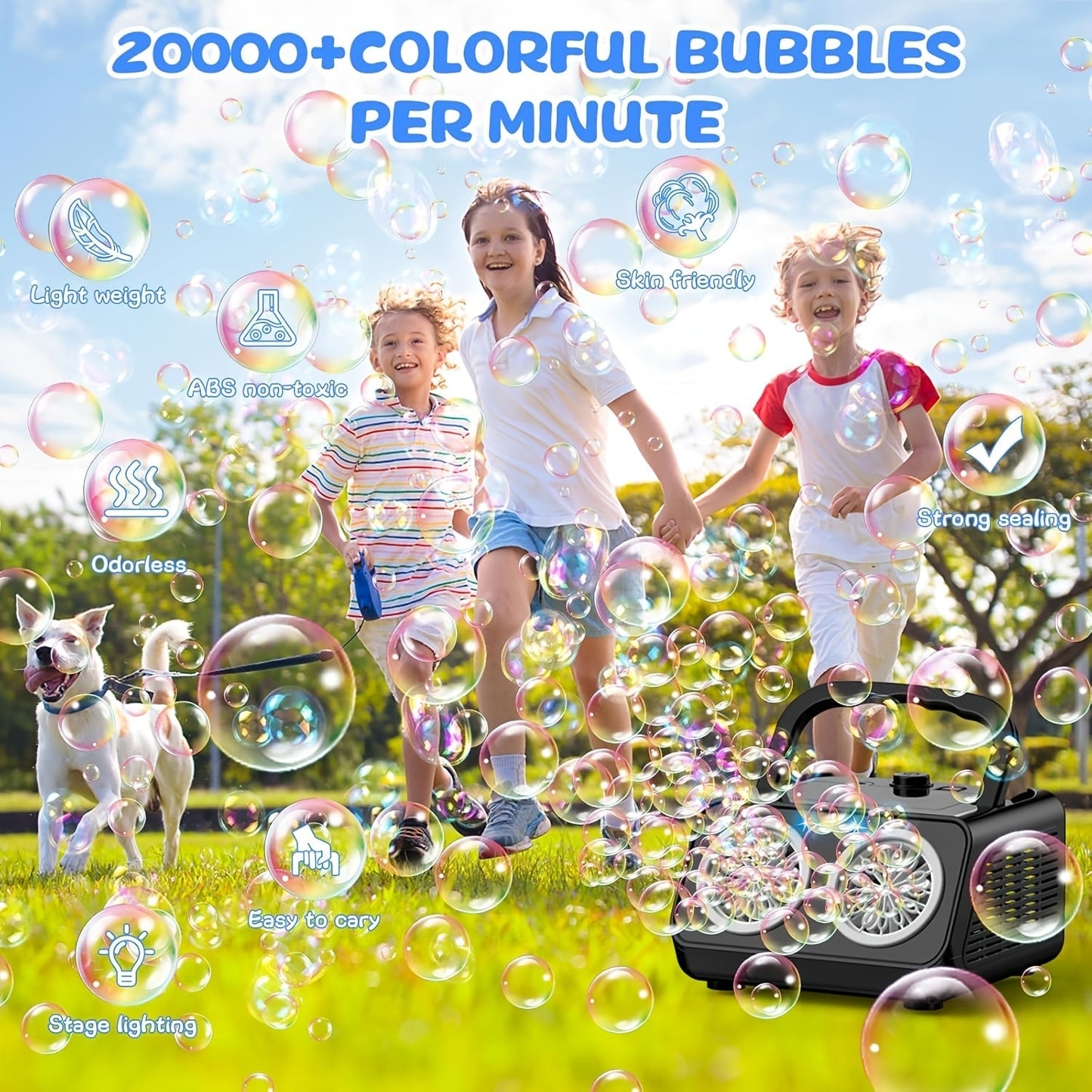 Automatic Bubble Machine Upgraded Thickened 2-Fan Design 20000 Plus Bubbles Per Minute Plugin or Battery Powered Portable Indoor Outdoor Bubble Blower for Birthday Party Wedding Kids White Black