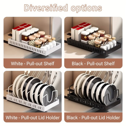 Pull Out Pot & Pan Organizer Rack for Under Cabinet – Slide Out Lid Holder with 8 Adjustable Compartments, Drill-Free Install, Kitchen Cabinet Cookware & Baking Sheet Organizer – 1pc or 2pcs