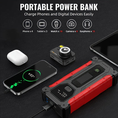 3000A Car Jump Starter 9-in-1 with Built-In Tire Inflator, USB Ports & LED Emergency Light – 12V Portable Wireless Battery Booster for Cars, Trucks & SUVs – Roadside Emergency Tool – Velora